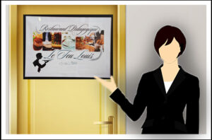 infographie accueil porte d'entrée avec affichage "restaurant pédagogique Le Feu Louis"