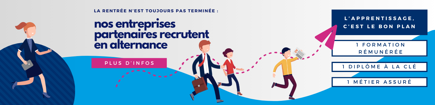 Slide visuel : la rentrée 2023 n'est toujours pas terminée : nos entreprises partenaires recrutent en alternance sur certaines fomations