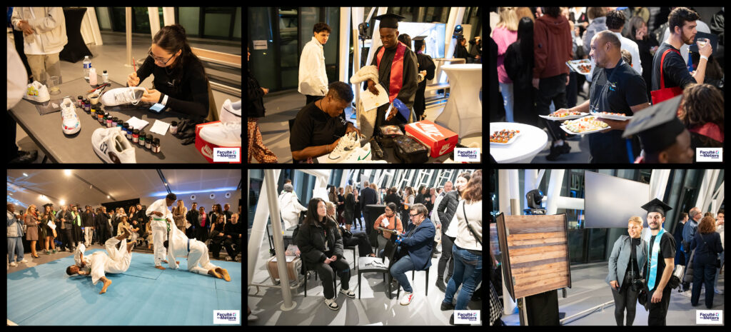 Cocktail et animations : design sur basket, démonstration Judo, caricaturiste, box photo, ...